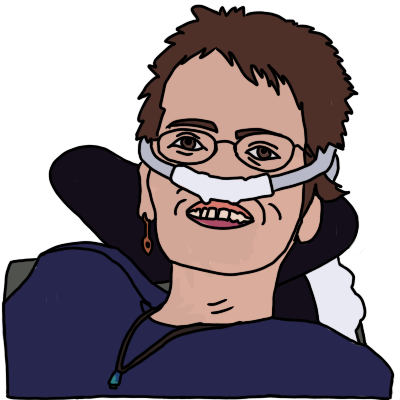 A portrait of the head and shoulders of the Disabled poet, journalist and activist Laura Hershey. Laura has pale skin, short brown hair, and a high-flow nasal cannula. She is smiling, wearing a dark purple top and a necklace, and the headrest of her wheelchair is visible behind her.  She has one earring, and wears glasses.